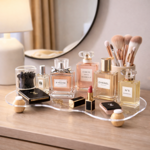 Plateau Organisateur Nuage Élégance en Acrylique Transparent avec Pieds en Bois Naturel