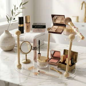 Étagère Organisatrice Élégance Transparente à Double Niveau avec Supports en Bois Naturel — Présentoir Beauté & Décoration Premium